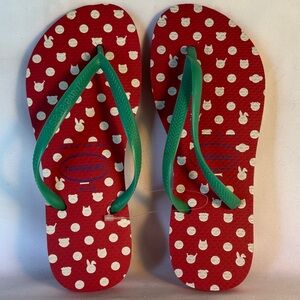 BRAND NEW! LEGITIMATE  HAVAIANAS FLIP-FLOPS-RED POLKA DOT GREEN STRAPS - US3/4Y